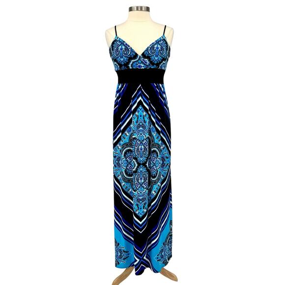 Muse Boston Proper Smocked Empire Waist Maxi Dress 8 Paisley Blue Black Padded - Picture 2 of 11